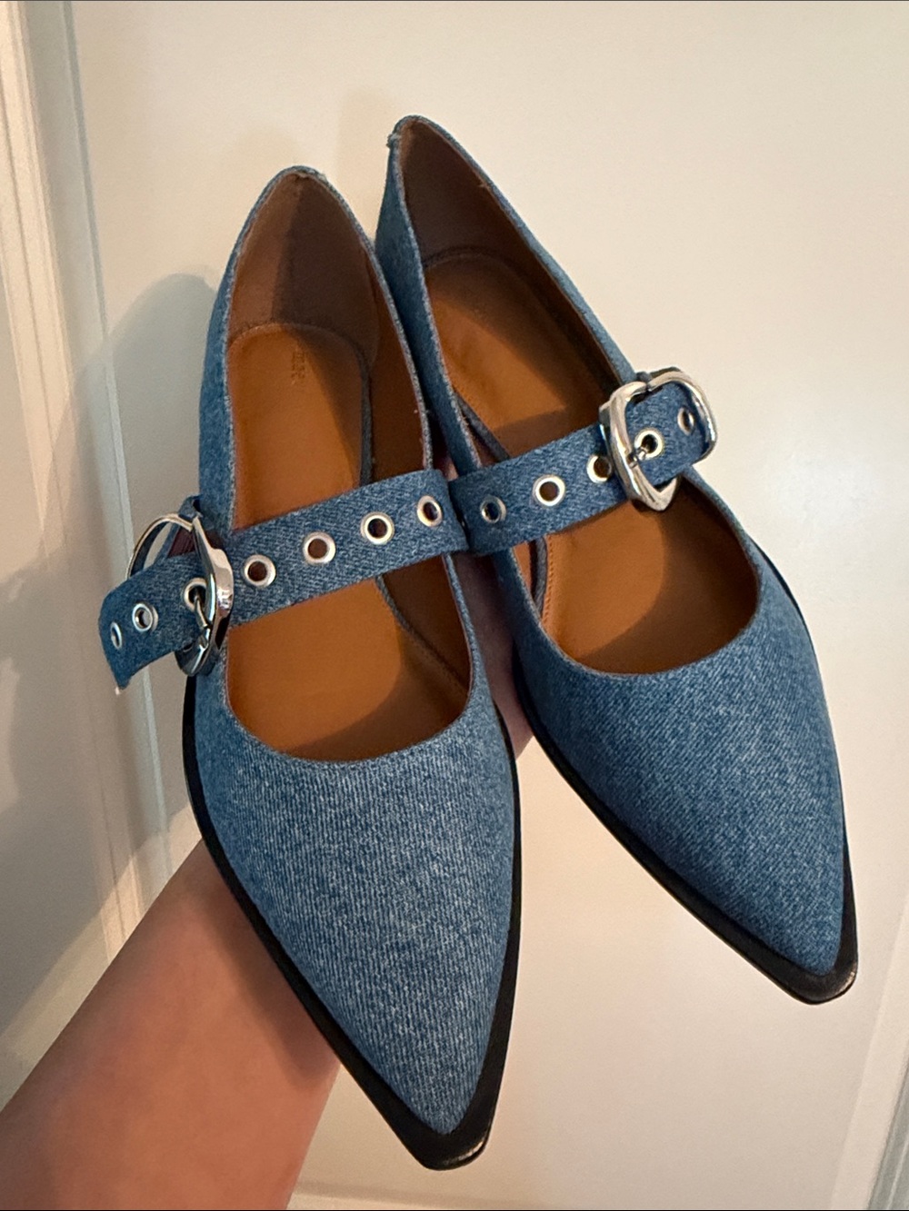 Maeve Denim Buckle Pointed Flats | EU41 US 10.5